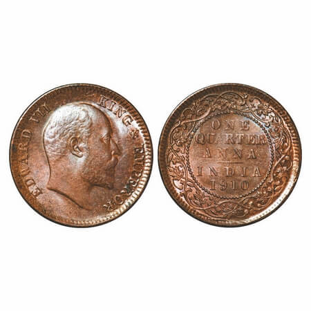 Edward VII, Bronze, Quarter Anna, 1910, Calcutta Mint, No mint mark. F. Prid 655. GK 1002.