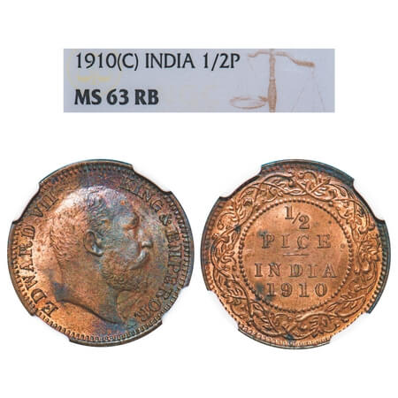 Edward VII, Bronze, 1/2 Pice, 1910, Calcutta Mint, No mint mark. F. Prid 744. GK 1011. NGC