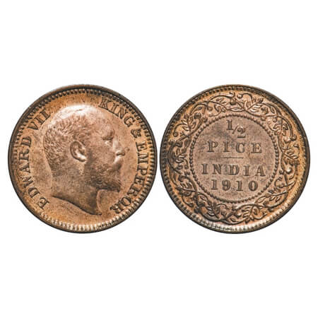 Edward VII, Bronze, 1/2 Pice, 1910, Calcutta Mint, No mint mark. F. Prid 744. GK 1011. Abo