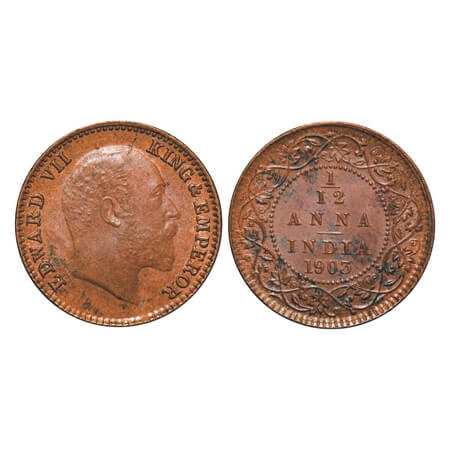 Edward VII, Copper, 1/12 Anna, 1903, Calcutta Mint, No mint mark, Die cracks on Obv. F. Pr
