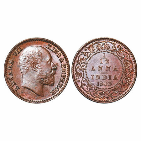 Edward VII, Copper, 1/12 Anna, 1903, Calcutta Mint, No mint mark. F. Prid 818. GK 1012. Br