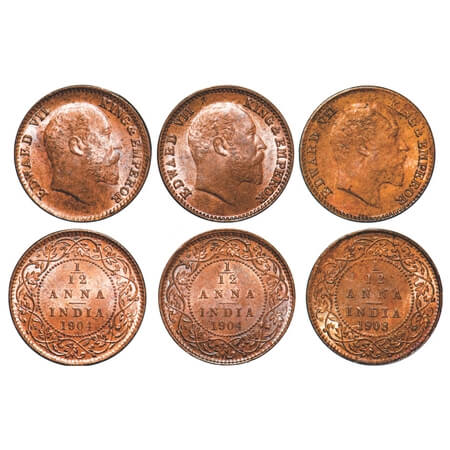 Edward VII, Mix Metal, 1/12 Anna, (3 coins), 1 & 2) Copper, 1904, Calcutta Mint, No mint m