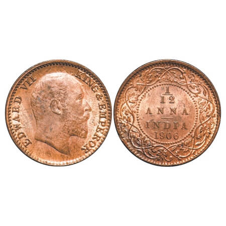 Edward VII, Copper, 1/12 Anna, (2.22gram), 1906, Calcutta Mint, No mint mark, A die crack 