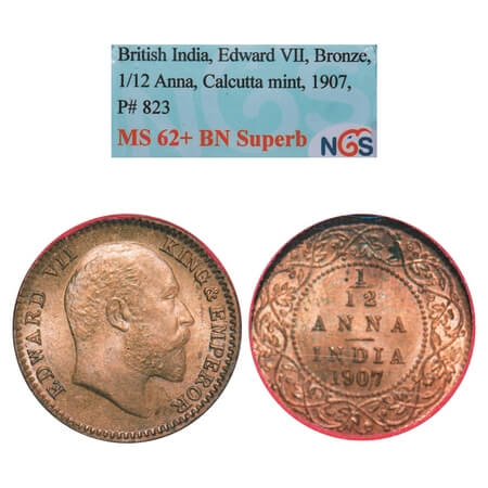 Edward VII, Bronze, 1/12 Anna, 1907, Calcutta Mint, No mint mark. F. Prid 823. GK 1017. NG