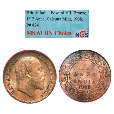 Edward VII, Bronze, 1/12 Anna, 1908, Calcutta Mint, No mint mark. F. Prid 824. GK 1018. NG