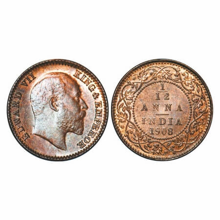 Edward VII, Bronze, 1/12 Anna, 1908, Calcutta Mint, No mint mark. F. Prid 824. GK 1018. Un