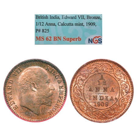 Edward VII, Bronze, 1/12 Anna, 1909, Calcutta Mint, No mint mark. F. Prid 825. GK 1019. NG