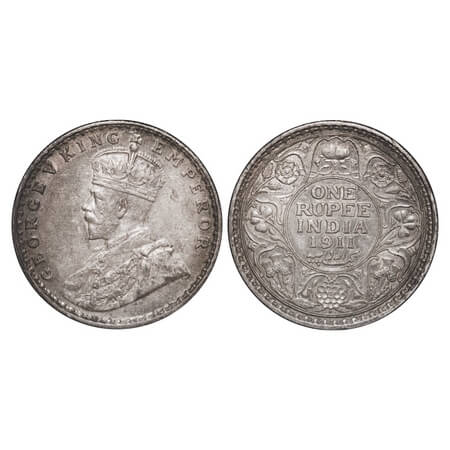 George V, Silver, Rupee, 1911, Calcutta Mint, No dot, Pig-Type. F. Prid 207. GK 1021. Unci