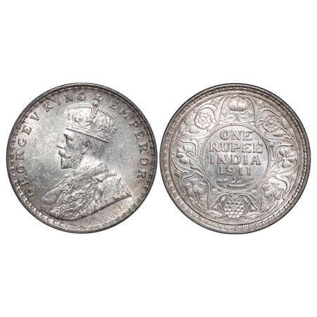 George V, Silver, Rupee, 1911, Bombay Mint, Dot, Pig-Type. F. Prid 217. GK 1022. Uncircula
