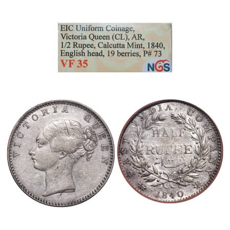 Victoria Queen, Silver, Half Rupee, 1840, CL, Calcutta Mint, A/I, Wreath with 19 Berries (