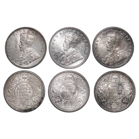 George V, Silver, Rupee, (3 coins), 1 & 2) 1912, 1916, Calcutta Mint, No dot, 3) 1919, Bom