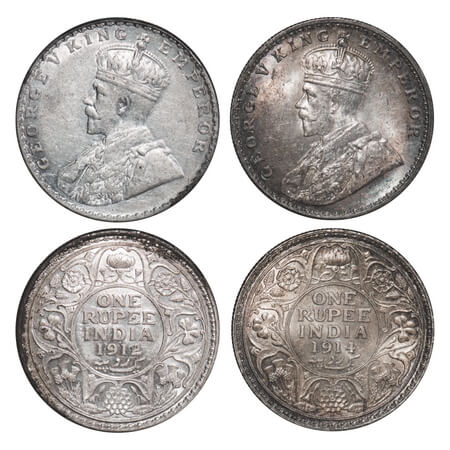 George V, Silver, Rupee, (2 coins), 1912, 1914, Bombay Mint, Dot. F. Prid 218, 220. GK 102