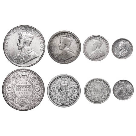 George V, Silver, Rupee, Half Rupee, 1/4 Rupee, 2 Annas, (4 coins), 1912, 1) Rupee, Bombay