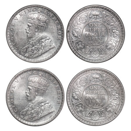George V, Silver, Rupee, (2 coins), 1913, 1) Calcutta Mint, No dot, 2) Bombay Mint, Dot. F