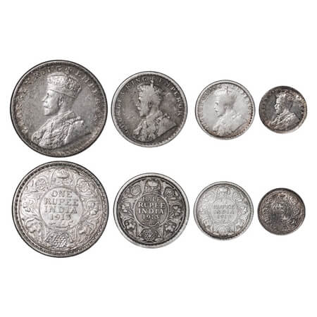 George V, Silver, Rupee, Half Rupee, 1/4 Rupee, 2 Annas, (4 coins), 1913, 1) Rupee, Bombay