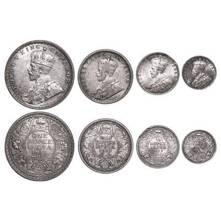 George V, Silver, Rupee, Half Rupee, 1/4 Rupee, 2 Annas, (4 coins), 1) 1913, Rupee, Bombay