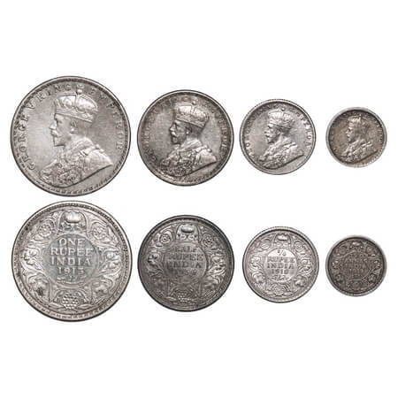 George V, Silver, Rupee, Half Rupee, 1/4 Rupee, 2 annas, (4 coins), 1) Rupee, 1913, Bombay