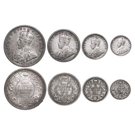 George V, Silver, Rupee, Half Rupee, 1/4 Rupee, 2 Annas, (4 coins), 1914, 1) Rupee, Calcut