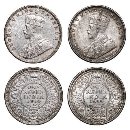George V, Silver, Rupee, (2 coins), 1) 1914, Calcutta Mint, No dot, 2) 1915, Bombay Mint, 