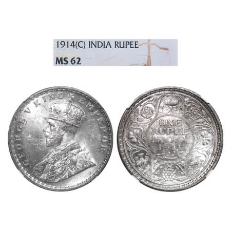 George V, Silver, Rupee, 1914, Calcutta Mint, No dot. F. Prid 210. GK 1029. NGC Slabbed MS
