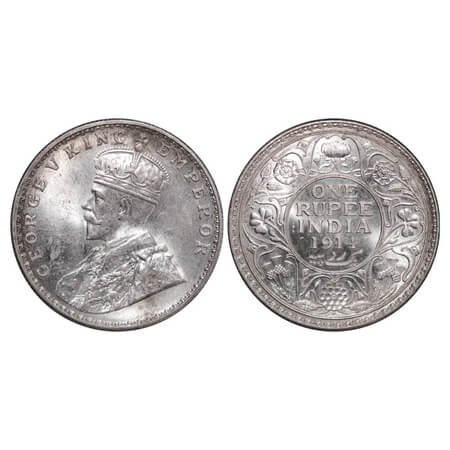 George V, Silver, Rupee, 1914, Bombay Mint, Dot, Elephant, Raised initial 'B.M' of Bertram