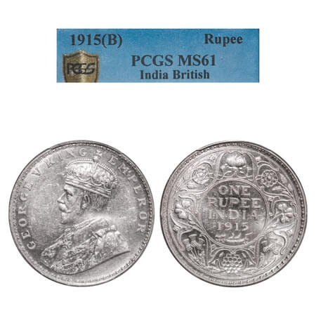 George V, Silver, Rupee, 1915, Bombay Mint, Dot. F. Prid 221. GK 1032. PCGS Slabbed MS 61.