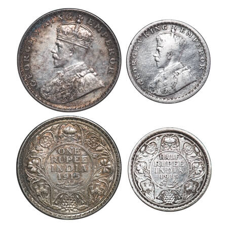 George V, Silver, Rupee, Half Rupee, (2 coins), 1915, 1) Rupee, Bombay Mint, Dot, 2) Half 