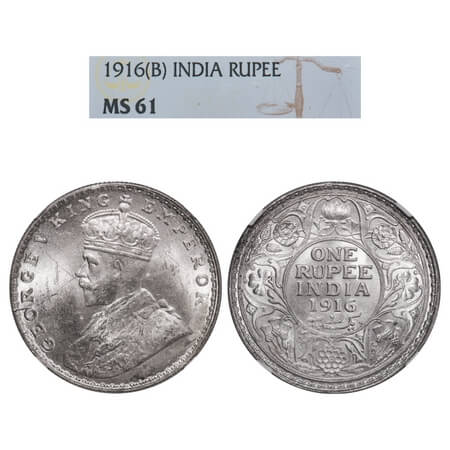 George V, Silver, Rupee, 1916, Bombay Mint, Dot. F. Prid 222. GK 1034. NGC Slabbed MS 61. 