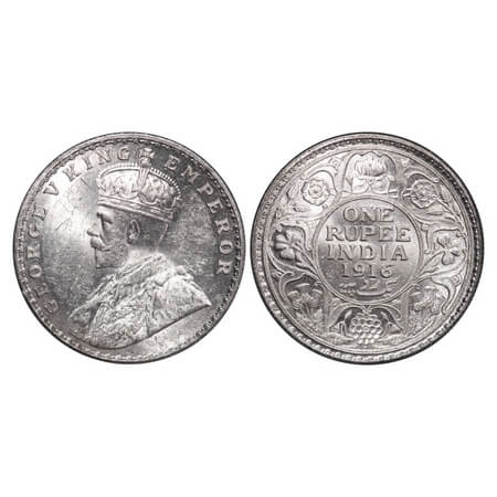 George V, Silver, Rupee, 1916, Bombay Mint, Dot. F. Prid 222. GK 1034. Mint Grade. Rare.