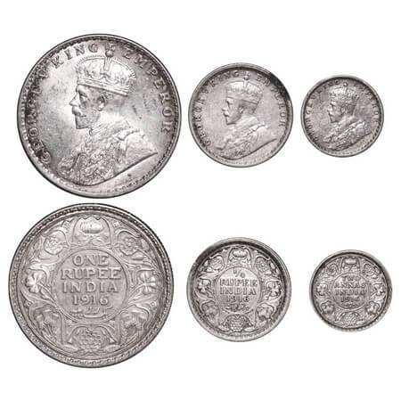 George V, Silver, Rupee, 1/4 Rupee, 2 Annas, (3 coins), 1916, 1) Rupee, Bombay Mint, Dot, 