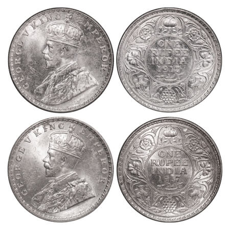 George V, Silver, Rupee, (2 coins), 1917, 1) Calcutta Mint, No dot, 2) Bombay Mint, Dot. F