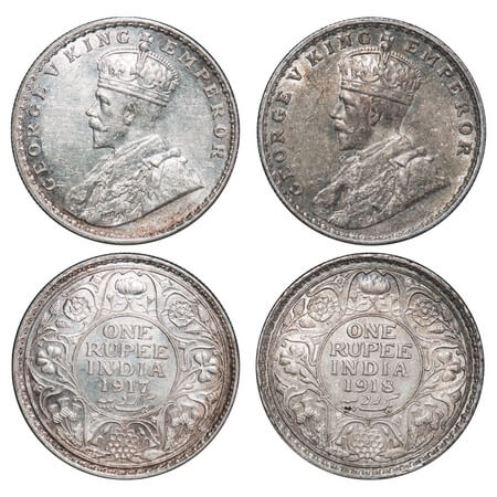 George V, Silver, Rupee, (2 coins), 1917, 1918, Bombay Mint, Dot. F. Prid 223, 224. GK 103