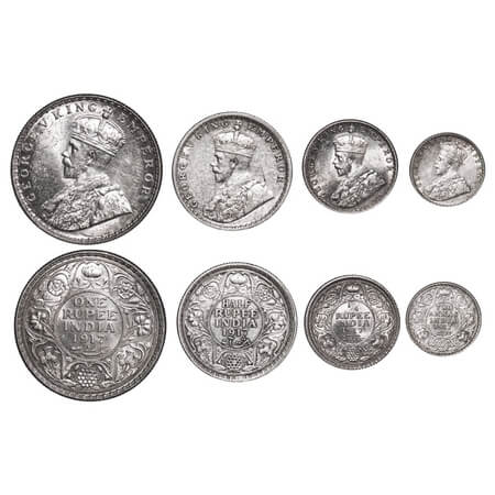 George V, Silver, Rupee, Half Rupee, 1/4 Rupee, 2 Annas, (4 coins), 1917, 1) Rupee, Bombay