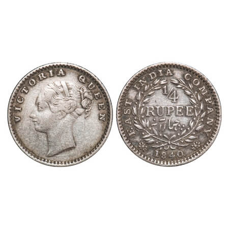 Victoria Queen, Silver, 1/4 Rupee, CL, 1840, Madras Mint, A(a)/I, 'S' incused, Normal S. F