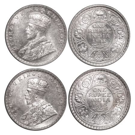 George V, Silver, Rupee, 1918, (2 coins), 1) Calcutta Mint, No dot. 2) Bombay Mint, Dot. F