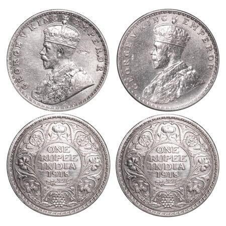 George V, Silver, Rupee, (2 coins), 1) 1918, Bombay Mint, Dot, 2) 1919, Calcutta Mint, No 
