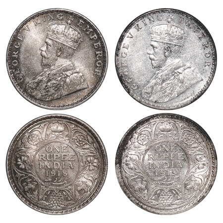 George V, Silver, Rupee, (2 coins), 1918, 1919, Bombay Mint, Dot. F. Prid 224, 225. GK 103