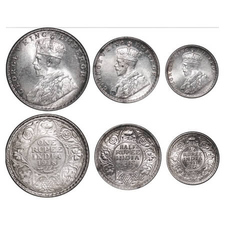 George V, Silver, Rupee, Half Rupee, 1/4 Rupee, (3 coins), 1918, 1) Rupee, Bombay Mint, Do