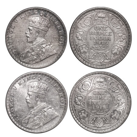 George V, Silver, Rupee, (2 coins), 1919, 1) Calcutta Mint, No dot, 2) Bombay Mint, Dot. F