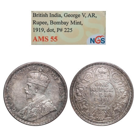 George V, Silver, Rupee, 1919, Bombay Mint, Dot. F. Prid 225. GK 1040. NGS Slabbed AMS 55.