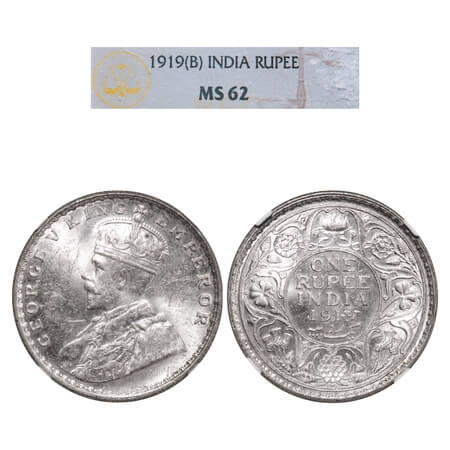George V, Silver, Rupee, 1919, Bombay Mint, Dot. F. Prid 225. GK 1040. NGC Slabbed MS 62. 