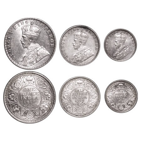George V, Silver, Rupee, Half Rupee, 1/4 Rupee, (3 coins), 1919, 1) Rupee, Bombay Mint, Do