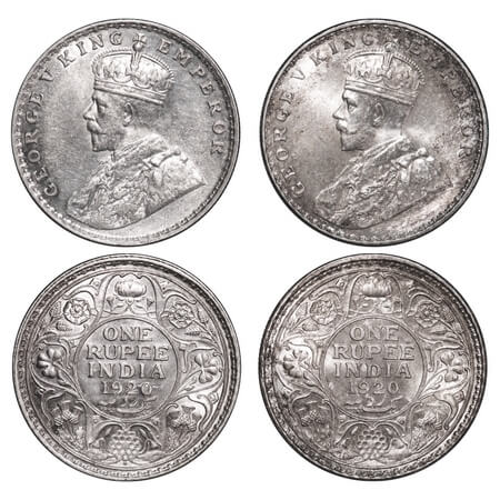 George V, Silver, Rupee, 1920, (2 coins), 1) Calcutta Mint, No dot. 2) Bombay Mint, Dot. F