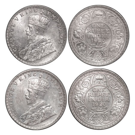 George V, Silver, Rupee, 1920, (2 coins), 1) Calcutta Mint, No dot. 2) Bombay Mint, Dot, E