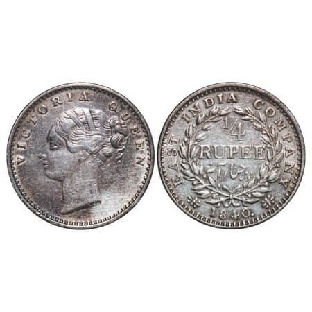 Victoria Queen, Silver, 1/4 Rupee, 1840, CL, Madras Mint, A(a)/I, 'S' incused and 'V' rais
