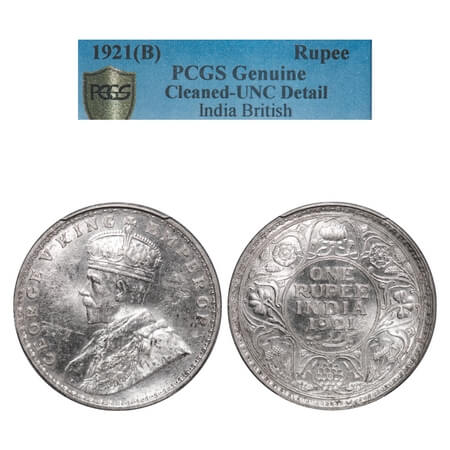 George V, Silver, Rupee, 1921, Bombay Mint, Dot. F. Prid 227. GK 1043. PCGS Slabbed UNC De