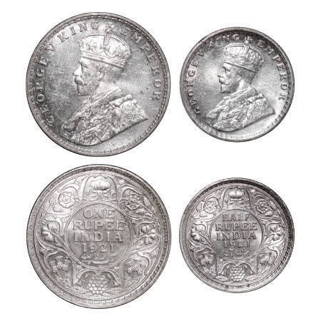 George V, Silver, Rupee, Half Rupee, (2 coins), 1921, 1) Rupee, Bombay Mint, Dot, 2) Half 