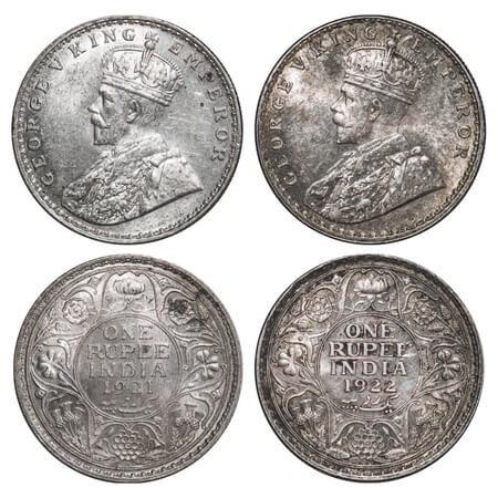 George V, Silver, Rupee, (2 coins), 1921, 1922, Bombay Mint, Dot. F. Prid 227, 228. GK 104