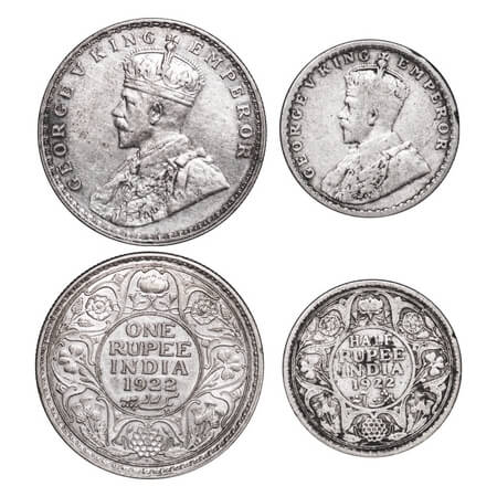 George V, Silver, Rupee, Half Rupee, (2 coins), 1922, Bombay Mint, Dot. F. Prid 344. GK 10