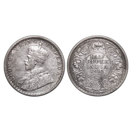 George V, Silver, Half Rupee, 1912, Calcutta Mint, No dot, Re-Drawn Elephant. F. Prid 319.